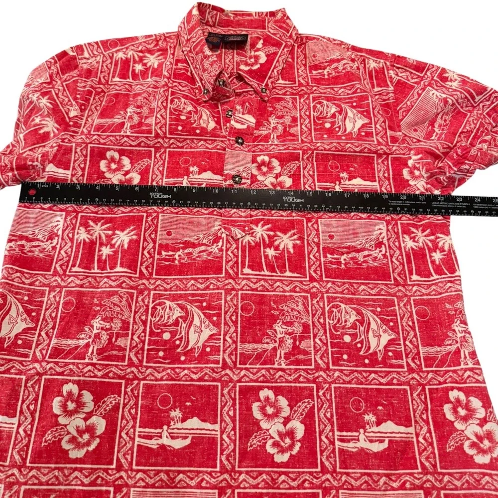 Maui Company Red Tropical Island Print Cotton‎ Short Sleeve Shirt Large Resort